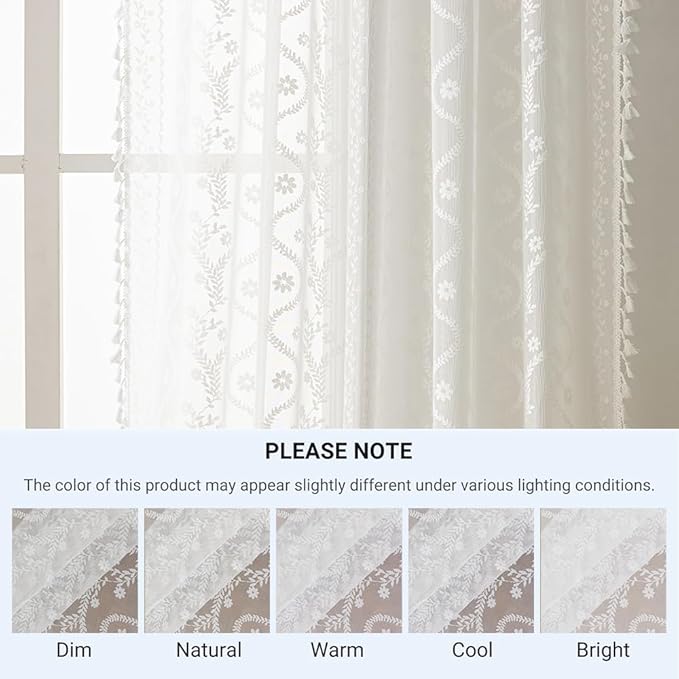 White Lace Curtains 63" - French Cottage Boho Sheer Panels with Floral Tassel Rod Pocket, Thin Light Filtering Drapes for Bedroom,Living Room,Privacy Transparent (Set of 2, 52" W x 63" L)