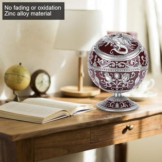 Windproof Ashtray, Vintage Ashtray with Lid, Metal Ball Cigarette Tabletop Ashtray with Wine Red Globe Fly Dragon Shape for Outdoor Indoor Home Decoration Crafts