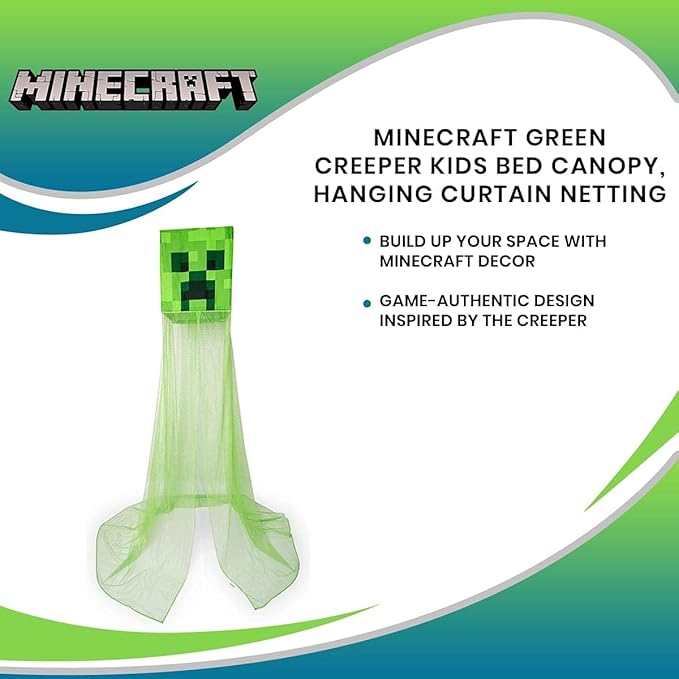 Minecraft Green Creeper Kids Bed Canopy Curtains for Ceiling, Hanging Mosquito Netting | Play Room Accessories, Cover for Nursery Baby Crib | Official Video Game Home Decor Collectible