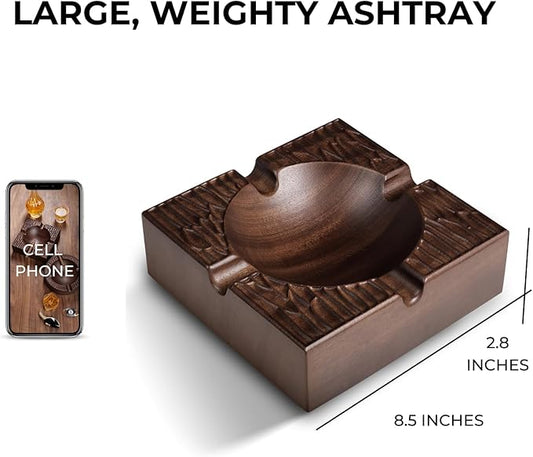 WOODRONIC Cigar Ashtray, 8.5" Solid Walnut Wood Ash Tray, Cigar Accessory and Gift for Men, 4-finger Large Cigars Holder for Patio/Outside/Indoor/Home Office Use, Square