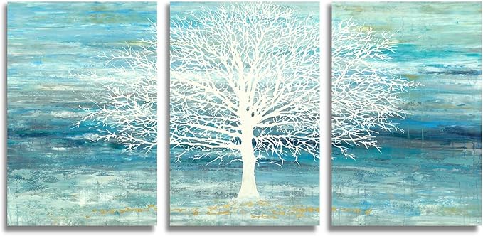 Yihui Arts Teal and Blue Canvas Wall Art - White Tree Paintings with Gold Foil - 3 Pieces Landscape Pictures for Living Room Bedroom Bathroom Decor