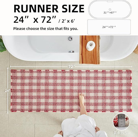Waffle Runner Rug Bathroom, Long Boho Christmas Bathroom Rugs Non Slip Washable Absorbent Checkered Bathroom Mat Quick Dry Cute Bath Mat, 72"x24" Red and White