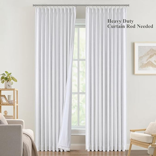Vision Home White Pinch Pleated Full Blackout Curtains 60 inch Wide Thermal Insulated Window Panels 112 inch for Bedroom Living Room Darkening Pinch Pleat Drapes with Hooks Back Tab 60" Wx112 Lx1