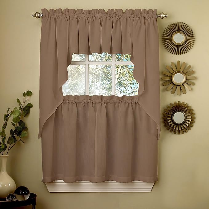 Sweet Home Collection 5 Pc Kitchen Curtain Set-Valance Swag Choice of 24" or 36" Tier Pair, Ribcord Taupe