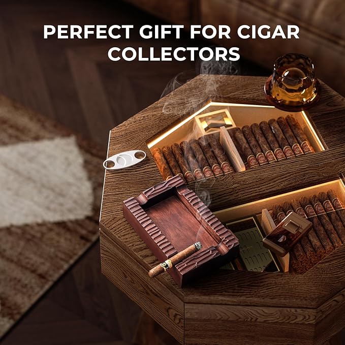 WOODRONIC Wood Cigar Ashtray with 4 Slots Holder, Cigar Holder for Indoor Outdoor Patio Home Office Use, Rectangle