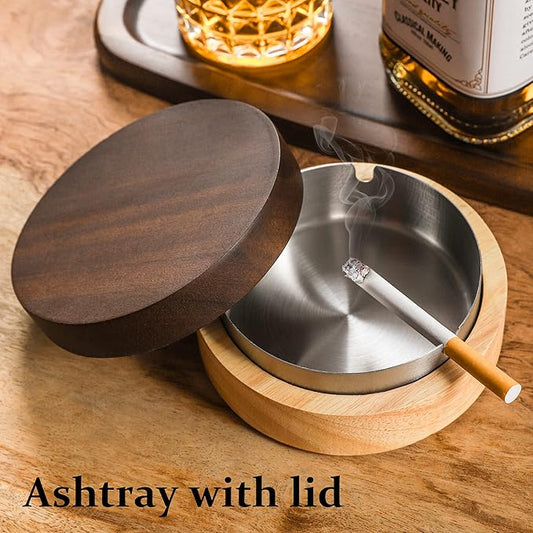 Wooden Ashtray with Stainless Steel Lid - Portable, Windproof, Decorative Ashtray for Home, Patio, Office, Outdoors, Indoor, Parties