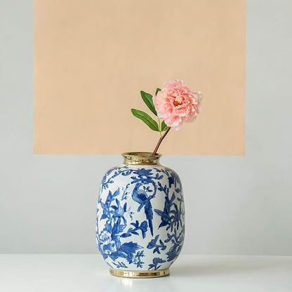 A&B Home 11'' Blue White Porcelain Vase Decorative Flower Bird Painted Glazed Ceramic Gold Lid Chinoiserie Ginger Jar Oriental Decor Centerpiece