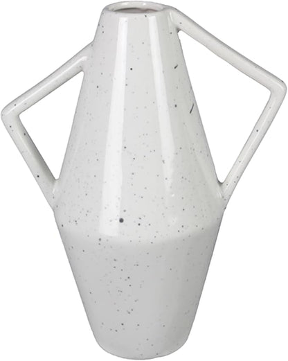 Young's Inc Modern Organic Stoneware Vase with Dual Angular Handles – Speckled White Decorative Accent for Home, Office, or Events, 8.3” Tall
