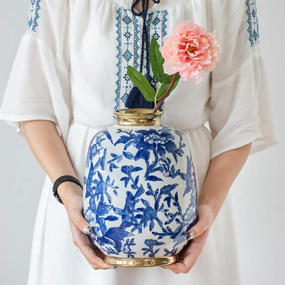 A&B Home 11'' Blue White Porcelain Vase Decorative Flower Bird Painted Glazed Ceramic Gold Lid Chinoiserie Ginger Jar Oriental Decor Centerpiece