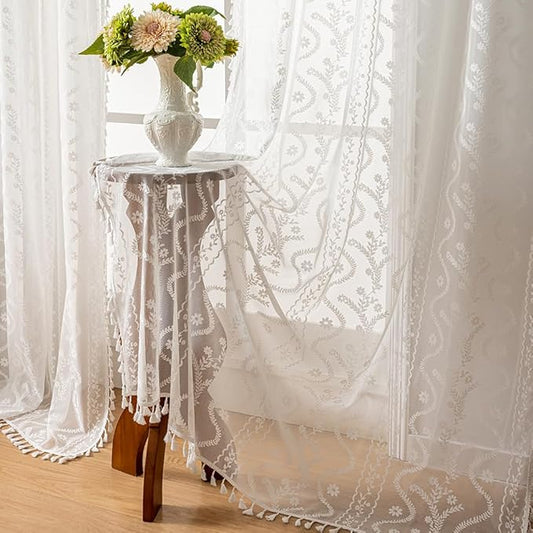 White Sheer Curtains 84 Inch - Boho Lace Floral Pattern Victorian Panels for Bedroom & Living Room, Light Filtering Privacy Rod Pocket, Elegant See-Through Window Drapes (2 Panels W52 xL84)