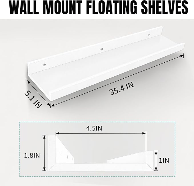 LaVie Home 35.4-Inch White Floating Shelves for Wall Storage Set of 4 - Modern Minimalist Picture Ledge Shelf Wall Decor for Kitchen, Bedroom, Bathroom, and Living Room, Large Floating Shelves
