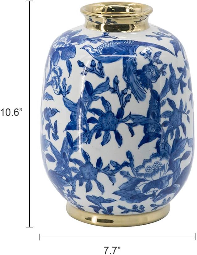 A&B Home 11'' Blue White Porcelain Vase Decorative Flower Bird Painted Glazed Ceramic Gold Lid Chinoiserie Ginger Jar Oriental Decor Centerpiece