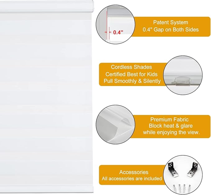 Persilux Zebra Blinds for Windows Cordless Blinds & Shades (28" W x 72" H, White) Free-Stop Roller Window Shades, Light Filtering Roller Shades for Windows, Light Control for Day and Night