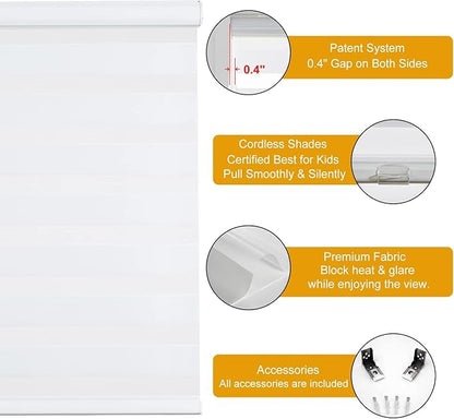 Persilux Zebra Blinds for Windows Cordless Blinds & Shades (28" W x 72" H, White) Free-Stop Roller Window Shades, Light Filtering Roller Shades for Windows, Light Control for Day and Night