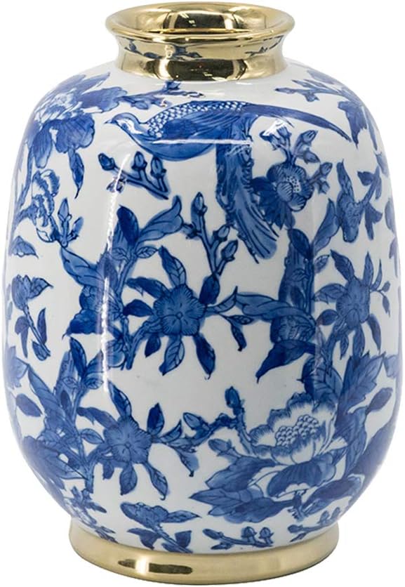 A&B Home 11'' Blue White Porcelain Vase Decorative Flower Bird Painted Glazed Ceramic Gold Lid Chinoiserie Ginger Jar Oriental Decor Centerpiece