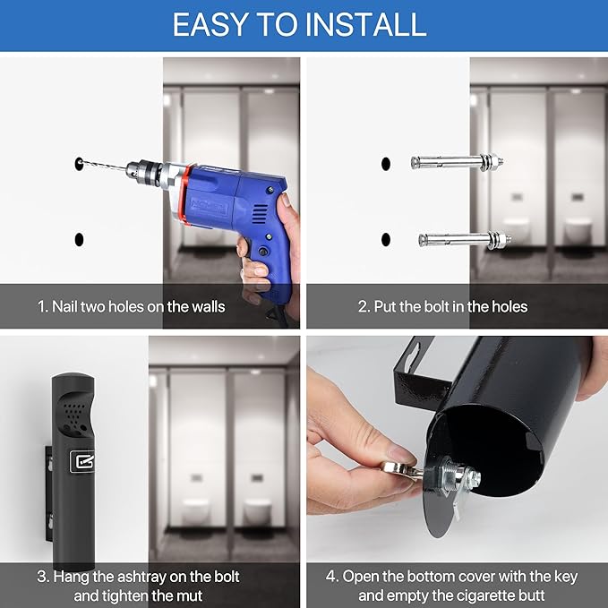 Wall Mounted Cylinder Cigarette Ashtray for Outside, Outdoor Disposal, Butt Receptacle, Commercial Container, Smokers Outpost for Patio, Office, Bars - Black