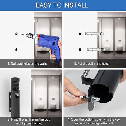 Wall Mounted Cylinder Cigarette Ashtray for Outside, Outdoor Disposal, Butt Receptacle, Commercial Container, Smokers Outpost for Patio, Office, Bars - Black