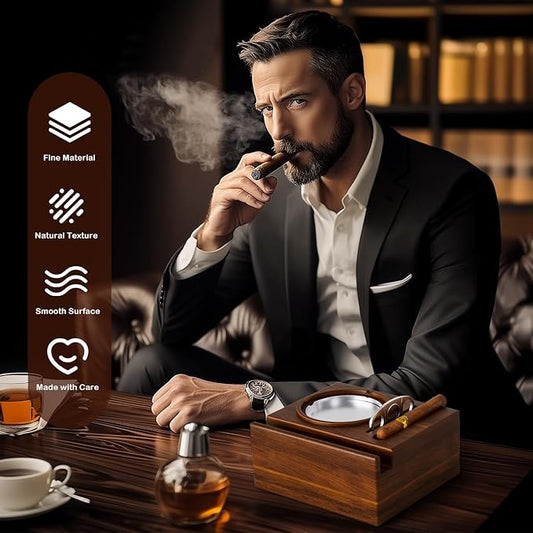 Wood Cigar Ashtray Cigarettes Ashtrays for Indoor Outdoor Patio Home Office Use Square Wooden Brown Cigar Ash Tray Gifts for Men with GIFT BOX(with Drawer)