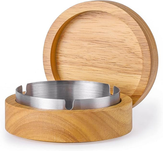 Wooden Ashtray with Lid for Smokers Stainless Steel Liner Ash Tray Windproof Durable Easy to Clean Cool Ashtrays for Indoor or Outdoor Use, Patio, Office & Home