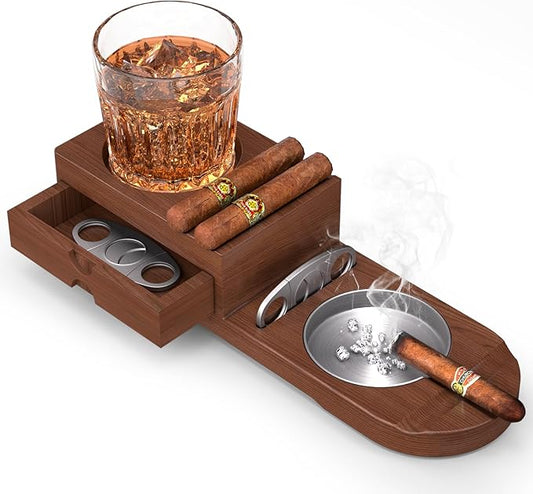 Wooden Ashtray with Whiskey Glass Holder & Cigar Rest – 4-in-1 Tray with Cutter Slot and Humidor, Accessories Set for Men Gift, Perfect Holiday Present, Elegant Design