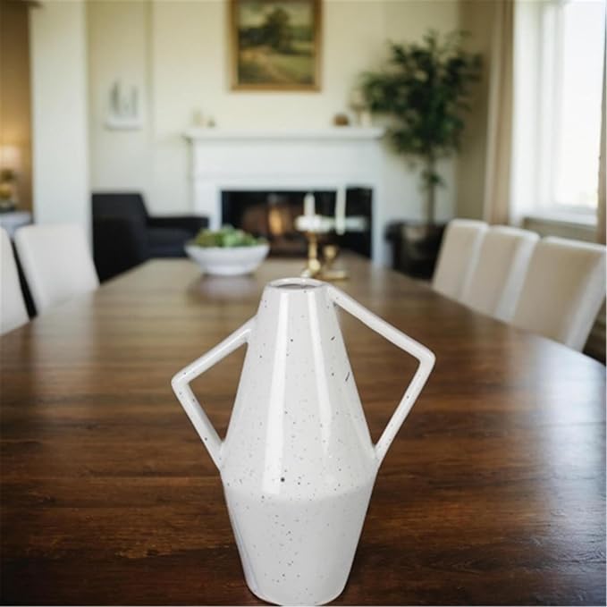 Young's Inc Modern Organic Stoneware Vase with Dual Angular Handles – Speckled White Decorative Accent for Home, Office, or Events, 8.3” Tall