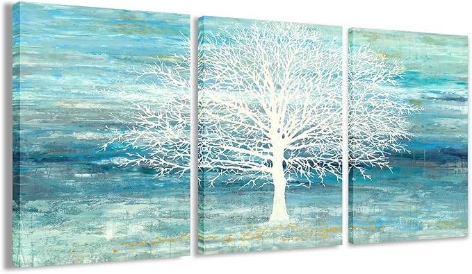 Yihui Arts Teal and Blue Canvas Wall Art - White Tree Paintings with Gold Foil - 3 Pieces Landscape Pictures for Living Room Bedroom Bathroom Decor