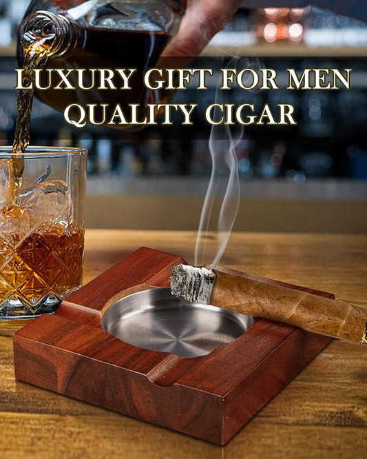 Wood Cigar Ashtray Cigarettes Ashtrays for Indoor Outdoor Patio Home Office Use Square Wooden Brown Cigar Ash Tray Gifts for Men with GIFT BOX (Classic)
