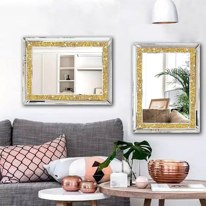 2 Piece Wall Mirrors, Crush Diamond Wall Decor, Gold Color Decorative Mirrors for Living Room, Bedroom, Bathroom. (11'x15')
