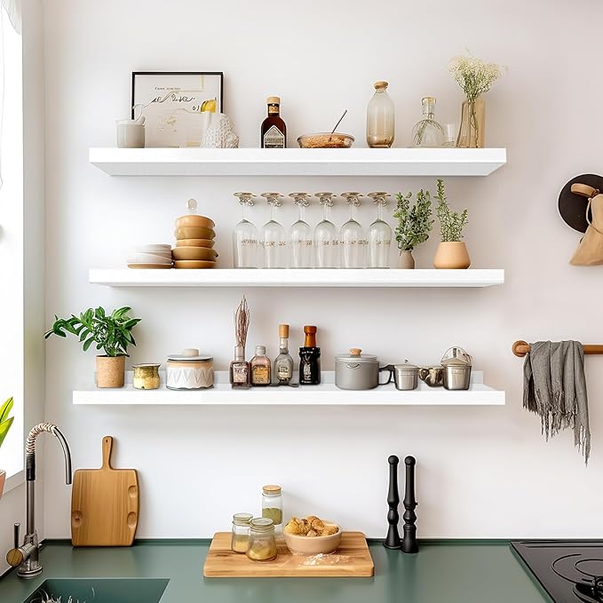 LaVie Home 35.4-Inch White Floating Shelves for Wall Storage Set of 4 - Modern Minimalist Picture Ledge Shelf Wall Decor for Kitchen, Bedroom, Bathroom, and Living Room, Large Floating Shelves