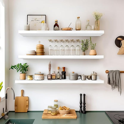 LaVie Home 35.4-Inch White Floating Shelves for Wall Storage Set of 4 - Modern Minimalist Picture Ledge Shelf Wall Decor for Kitchen, Bedroom, Bathroom, and Living Room, Large Floating Shelves