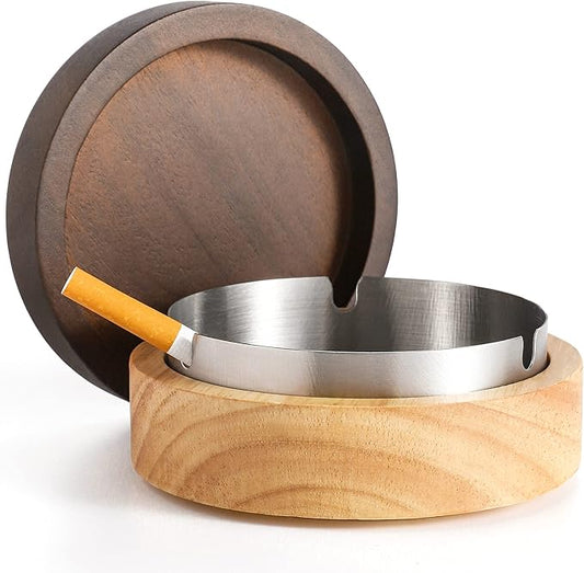 Wooden Ashtray with Stainless Steel Lid - Portable, Windproof, Decorative Ashtray for Home, Patio, Office, Outdoors, Indoor, Parties