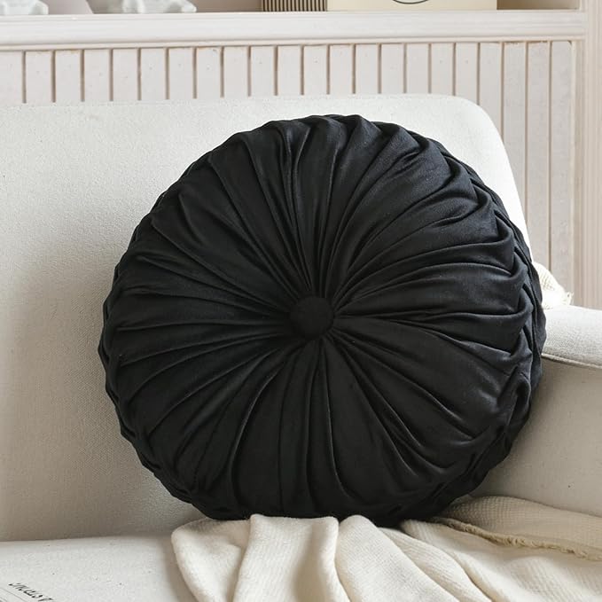 2 Pcs Round Throw Pillows Decorative Pumpkin Velvet Boho Pleated Bed Pillows Back Support for Couch Chair Dorm Car 14.96'' (Black)