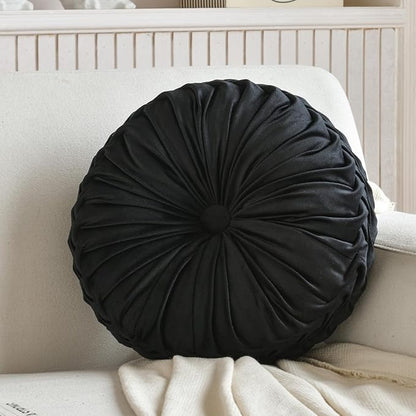 2 Pcs Round Throw Pillows Decorative Pumpkin Velvet Boho Pleated Bed Pillows Back Support for Couch Chair Dorm Car 14.96'' (Black)