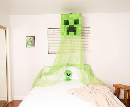 Minecraft Green Creeper Kids Bed Canopy Curtains for Ceiling, Hanging Mosquito Netting | Play Room Accessories, Cover for Nursery Baby Crib | Official Video Game Home Decor Collectible