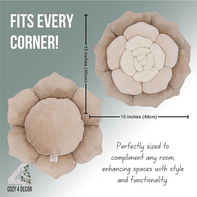 Throw Pillow in Monochromatic Colors - Flower Shaped Pillow – Soft Plush Floral Throw Pillow for Bed, Couch, Sofa & Kids Room | Cute Fluffy Bloom Cushion for Aesthetic Room Decor (Beige)