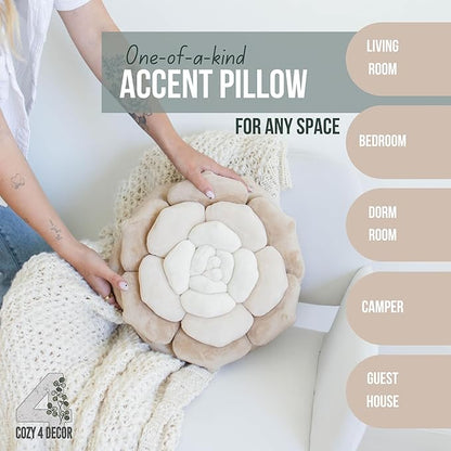 Throw Pillow in Monochromatic Colors - Flower Shaped Pillow – Soft Plush Floral Throw Pillow for Bed, Couch, Sofa & Kids Room | Cute Fluffy Bloom Cushion for Aesthetic Room Decor (Beige)
