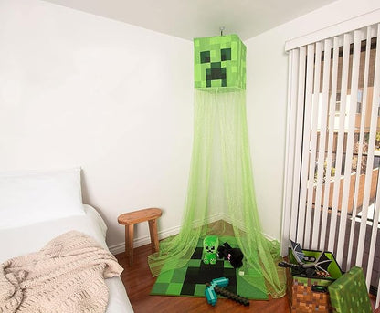 Minecraft Green Creeper Kids Bed Canopy Curtains for Ceiling, Hanging Mosquito Netting | Play Room Accessories, Cover for Nursery Baby Crib | Official Video Game Home Decor Collectible