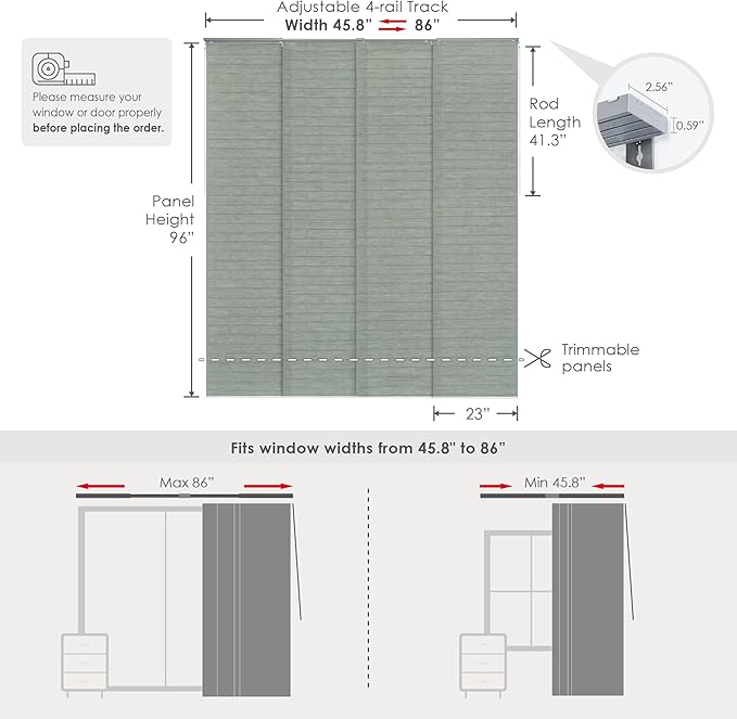 GoDear Design Adjustable Sliding Panel Track Blinds, Fits Windows, Patio Doors, Sliding Glass Doors, Closet Doors, Adjustable Track Width 45.8"- 86", Trimmable Panel Height Up to 96", Blushing Hippo