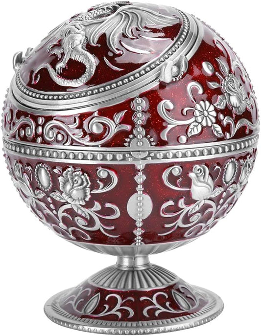 Windproof Ashtray, Vintage Ashtray with Lid, Metal Ball Cigarette Tabletop Ashtray with Wine Red Globe Fly Dragon Shape for Outdoor Indoor Home Decoration Crafts