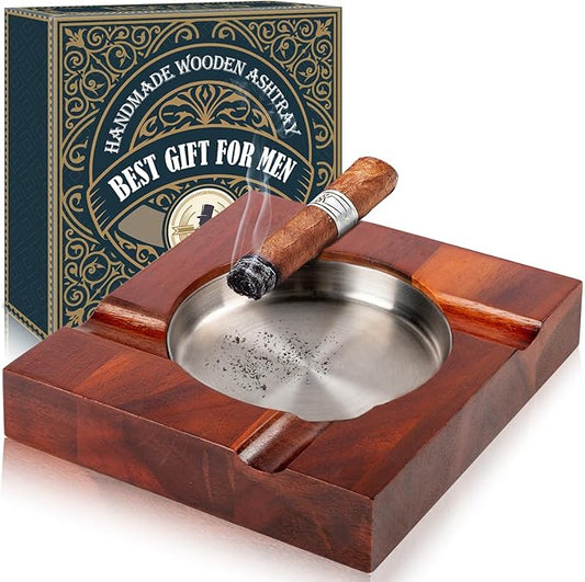 Wood Cigar Ashtray Cigarettes Ashtrays for Indoor Outdoor Patio Home Office Use Square Wooden Brown Cigar Ash Tray Gifts for Men with GIFT BOX (Large Size)