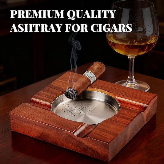 Wood Cigar Ashtray Cigarettes Ashtrays for Indoor Outdoor Patio Home Office Use Square Wooden Brown Cigar Ash Tray Gifts for Men with GIFT BOX (Large Size)