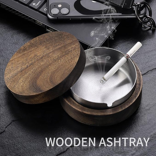 Wooden Ashtray with Lid for Smokers Stainless Steel Liner Ash Tray Windproof Durable Easy to Clean Cool Ashtrays for Indoor or Outdoor Use, Patio, Office & Home