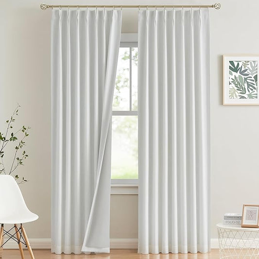 Vision Home White Pinch Pleated Full Blackout Curtains Thermal Insulated Window Curtains 90 inch for Living Room Bedroom Room Darkening Pinch Pleat Drapes with Hooks Back Tab 2 Panel 40" Wx90 L