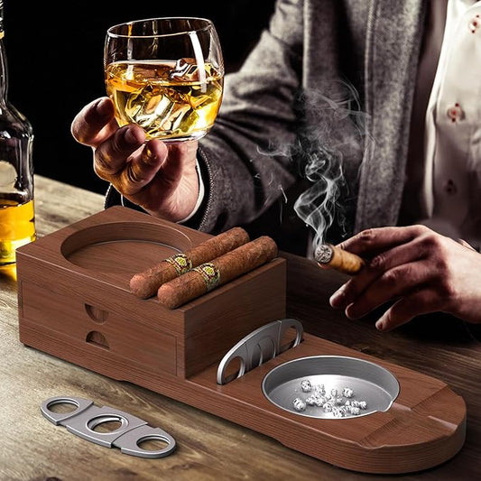 Wooden Ashtray with Whiskey Glass Holder & Cigar Rest – 4-in-1 Tray with Cutter Slot and Humidor, Accessories Set for Men Gift, Perfect Holiday Present, Elegant Design