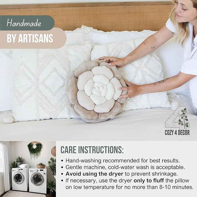 Throw Pillow in Monochromatic Colors - Flower Shaped Pillow – Soft Plush Floral Throw Pillow for Bed, Couch, Sofa & Kids Room | Cute Fluffy Bloom Cushion for Aesthetic Room Decor (Beige)