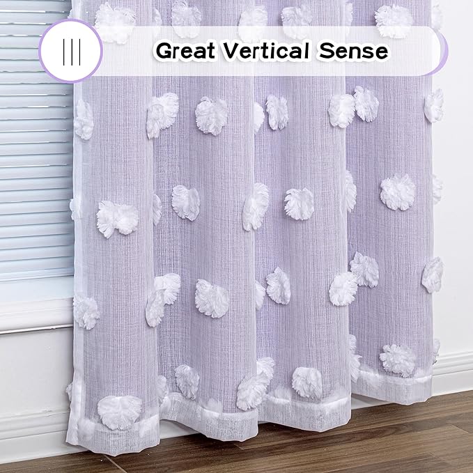 MYSKY HOME Light Blocking Lilac Curtains White Sheer Pom Pom Kids Room Decor Drapes for Living Room 95 Inches Long Double Layer Curtains for Sliding Door Grommet Window Panels Set of 2 52" x 95"