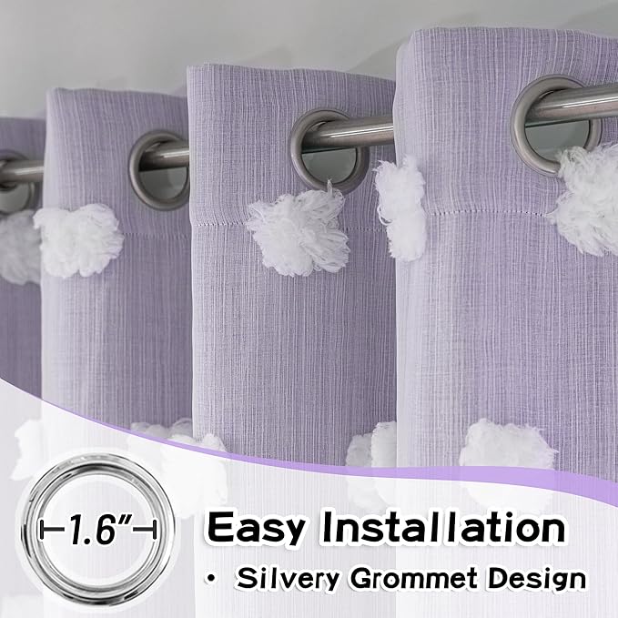 MYSKY HOME Light Blocking Lilac Curtains White Sheer Pom Pom Kids Room Decor Drapes for Living Room 95 Inches Long Double Layer Curtains for Sliding Door Grommet Window Panels Set of 2 52" x 95"