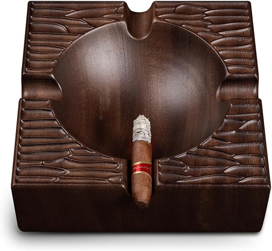 WOODRONIC Cigar Ashtray, 8.5" Solid Walnut Wood Ash Tray, Cigar Accessory and Gift for Men, 4-finger Large Cigars Holder for Patio/Outside/Indoor/Home Office Use, Square