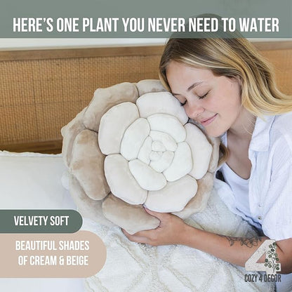 Throw Pillow in Monochromatic Colors - Flower Shaped Pillow – Soft Plush Floral Throw Pillow for Bed, Couch, Sofa & Kids Room | Cute Fluffy Bloom Cushion for Aesthetic Room Decor (Beige)