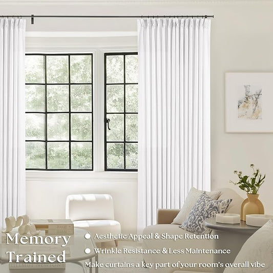 White Linen Pinch Pleated Curtains 102 Inches Long 2 Panels for Living Room Bedroom Snow White Thick Linen Pleated Hooks Rings Back Tab Luxury Light Filtering 102 Inch Curtain Drapes for Sliding Door